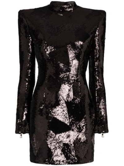 Shop Balmain Padded-shoulder Sequin Mini-dress In Black