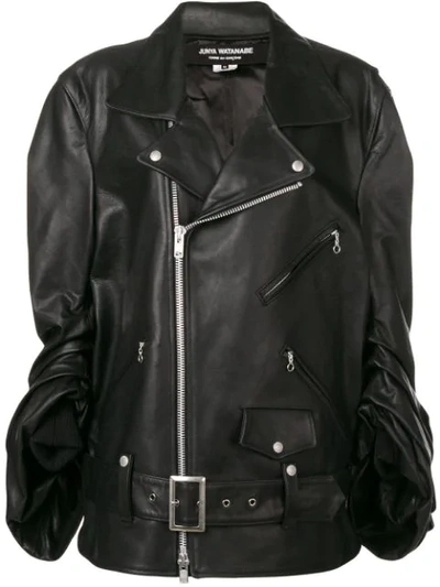 ruched sleeve leather biker jacket