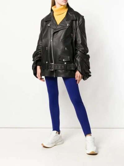 ruched sleeve leather biker jacket