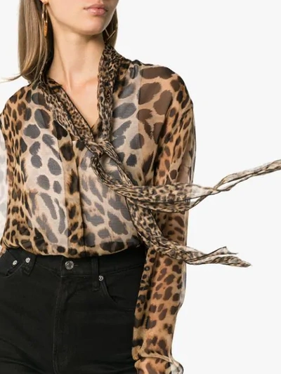 SAINT LAURENT LEOPARD SHEER SILK TIE NECK BLOUSE - 棕色