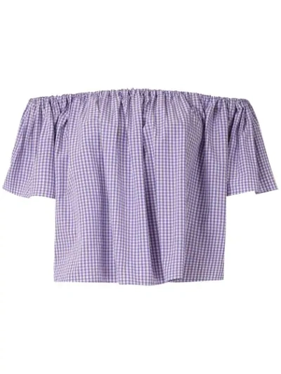 Shop Andrea Bogosian Off The Shoulder Check Blouse In Purple