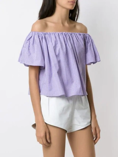 Shop Andrea Bogosian Off The Shoulder Check Blouse In Purple