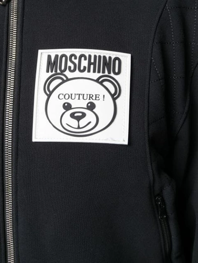 Shop Moschino Zip-front Logo Patch Hoodie In Black