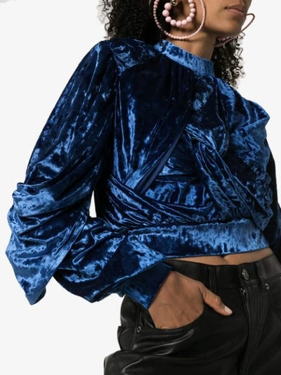 Shop Y/project Draped Velvet Cropped Sweatshirt In Blue