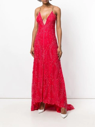 Shop Alessandra Rich Embroidered Plunge Dress In Red