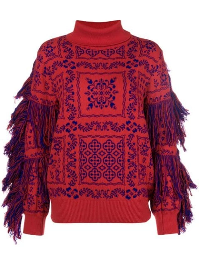 Shop Sacai Fringed Turtleneck Sweater In Red