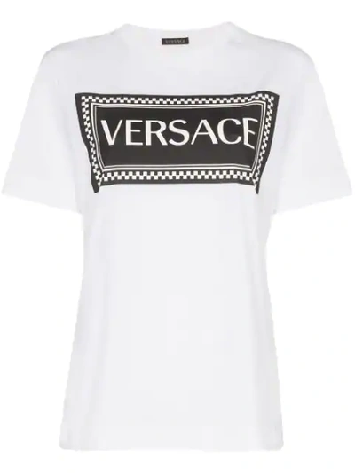 Shop Versace Logo And Check Print Cotton T-shirt - White