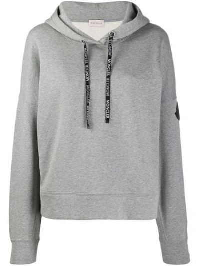 Shop Moncler Logo Drawstrings Hoodie In Grey