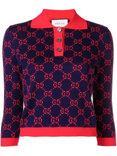 Shop Gucci Gg Supreme Knitted Polo In Blue