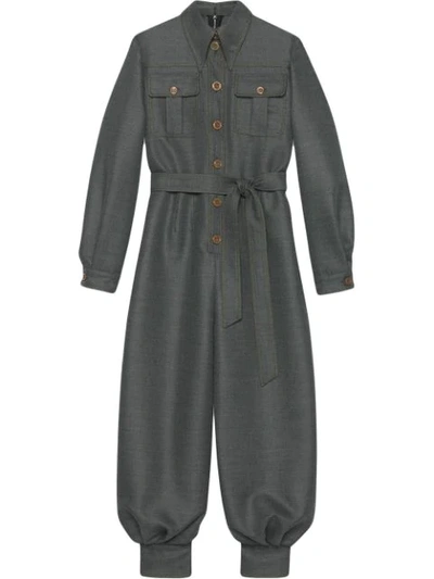 Shop Gucci Belted Wool Jumpsuit In Grey