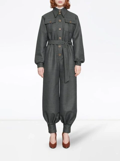 Shop Gucci Belted Wool Jumpsuit In Grey