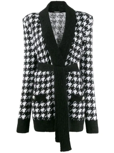 Shop Balmain Houndstooth Knit Cardigan In Black