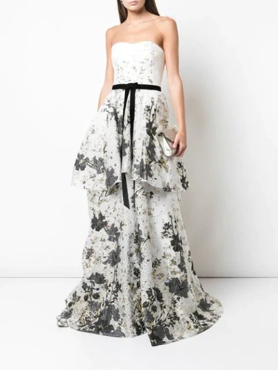 Shop Marchesa Notte Floral Embroidered Tiered Gown In White