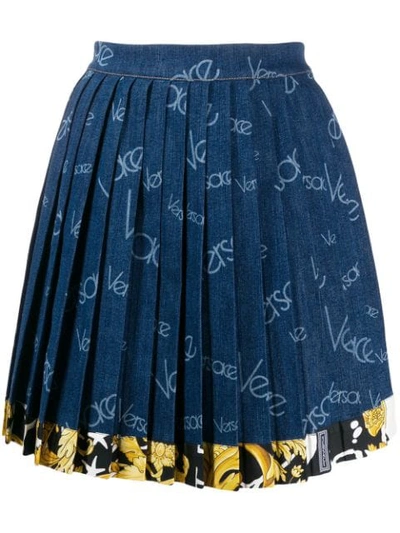 Shop Versace Pleated Logo Denim Skirt In A8006