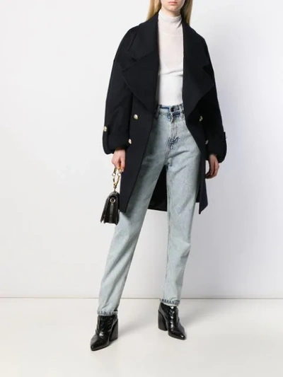 Shop Balmain Buttoned Belted Coat In Blue