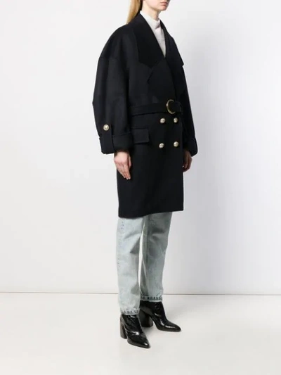 Shop Balmain Buttoned Belted Coat In Blue