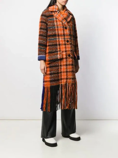 Shop Marni Plaid Fringe Coat In Orange