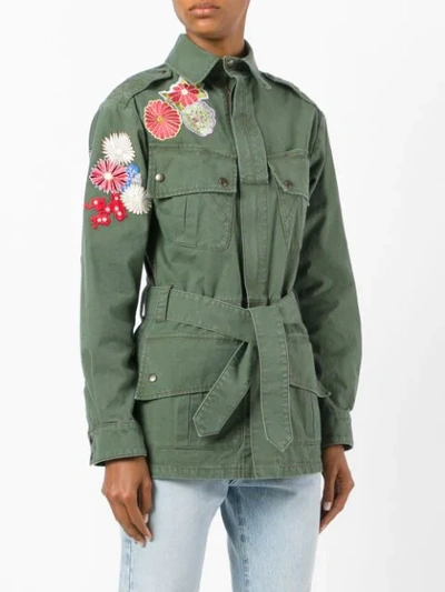 Shop Saint Laurent Flower Embroidered Military Parka Jacket In Green