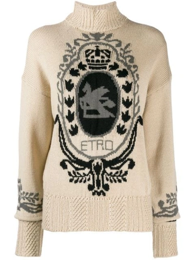 Shop Etro Intarsia Logo Turtleneck Sweater In Neutrals