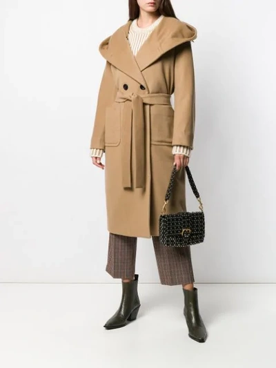 Shop Paltò Hooded Double Breasted Coat In Brown