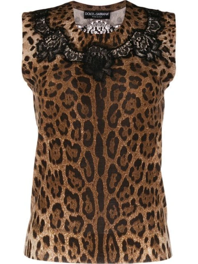 Shop Dolce & Gabbana Leopard Print Laced Top In Brown