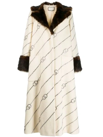 Shop Gucci Fur Collar Monogrammed Coat In White