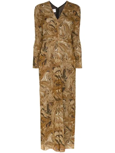 Shop Nanushka Lotus Marble Print Jumpsuit In Brown