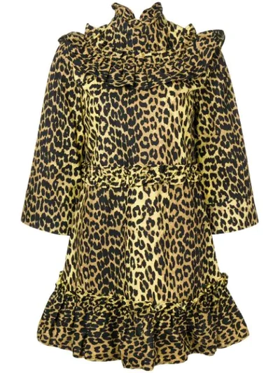 Shop Ganni Ruffled Leopard Print Dress In Brown