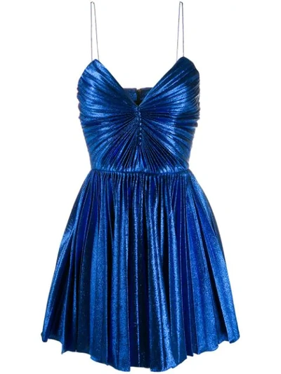 Shop Saint Laurent Pleated Lamé Mini Dress In Blue