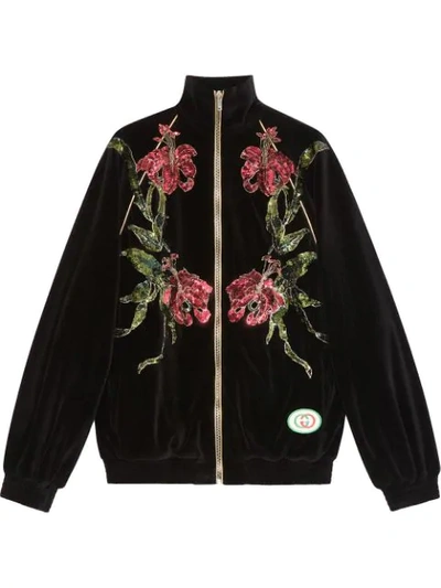 Shop Gucci Chenille Jacket With Floral Patches In Black