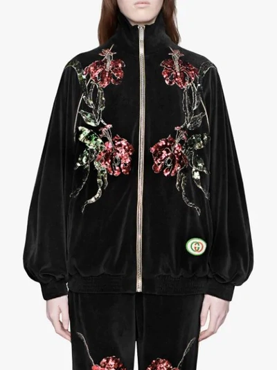 Shop Gucci Chenille Jacket With Floral Patches In Black