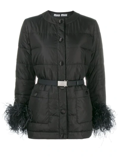 Shop Miu Miu Ostrich Feather Trimmed Puffer Jacket In Black