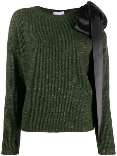 Shop Be Blumarine Bow-embellished Cutout Jumper In 2432 Verde Militare/nero