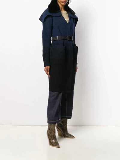 Shop Fendi Long Belted Knitted Coat In Blue