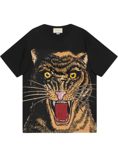 Shop Gucci Oversized T-shirt With Feline Print In Black