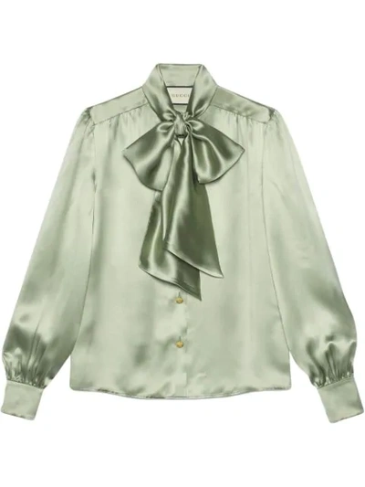 Shop Gucci Satin Shirt With Neck Bow In Green