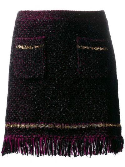 Shop Versace Metallic Threading Fringed Woven Skirt In Black