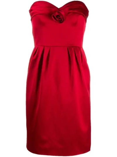 Shop Moschino Satin Rose Strapless Dress In Red