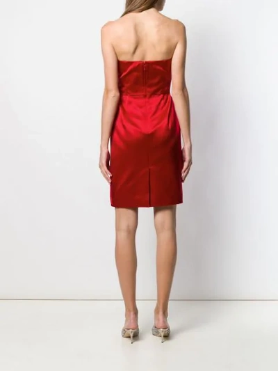 Shop Moschino Satin Rose Strapless Dress In Red