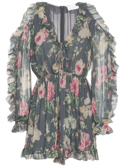 Shop Zimmermann Iris Floral Print Silk Tie Playsuit In Grey