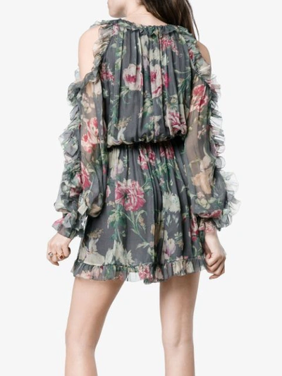 Shop Zimmermann Iris Floral Print Silk Tie Playsuit In Grey