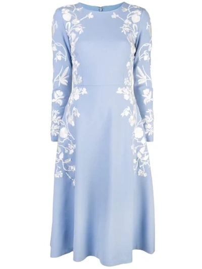 Shop Oscar De La Renta Embroidered Floral Dress In Blue