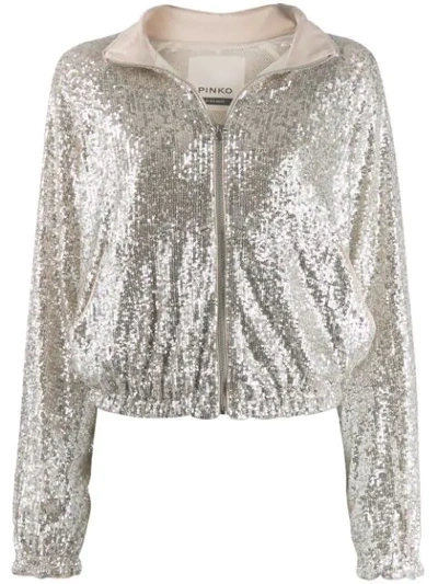 Shop Pinko Sequin-embellished Bomber Jacket In Silver
