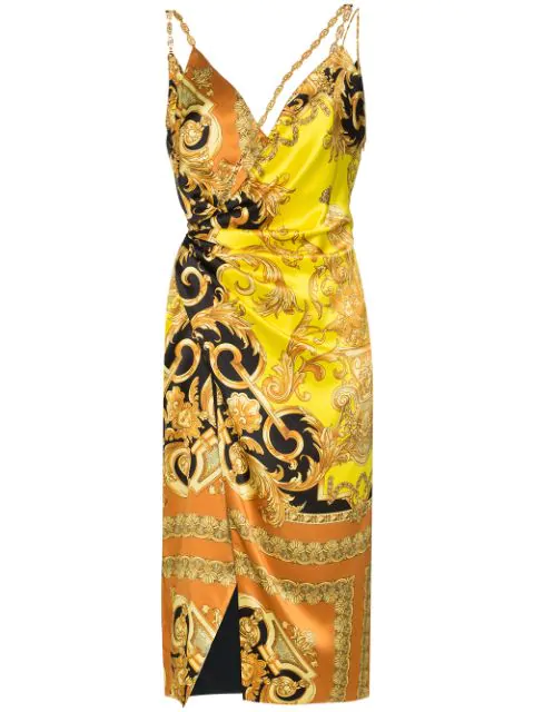 Versace Ruched Embellished Printed Silk-satin Midi Dress In Yellow |  ModeSens