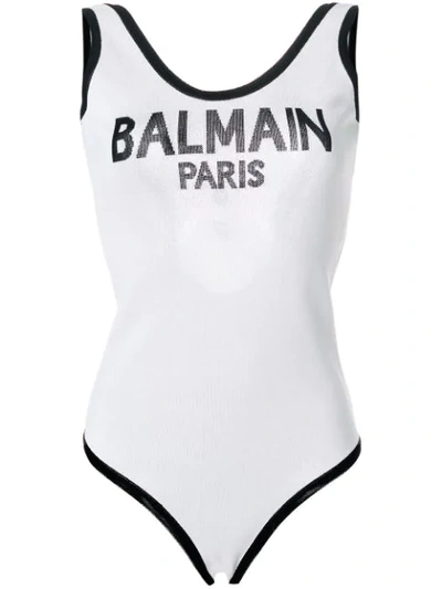 Shop Balmain Scoop Back Logo Bodysuit - White