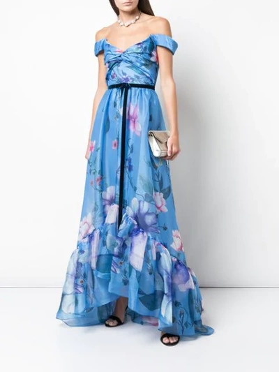 Shop Marchesa Notte Floral Print Organza Gown In Blue