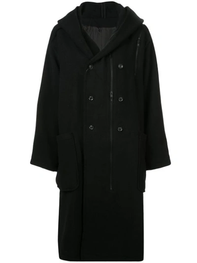 Shop Yohji Yamamoto Hooded Double Breasted Coat - Black