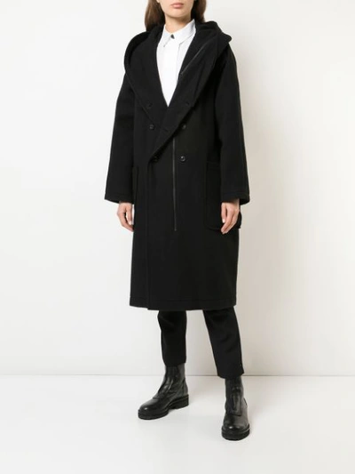 Shop Yohji Yamamoto Hooded Double Breasted Coat - Black