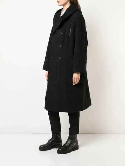 Shop Yohji Yamamoto Hooded Double Breasted Coat - Black