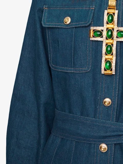 Shop Gucci Belted Denim Jumpsuit In Blue